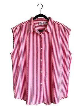 Vintage Pink White Striped Sleeveless Button Up Shirt 20W Summer Coastal Preppy